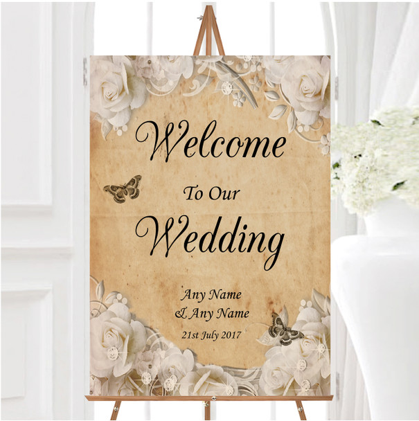 White Roses Vintage Shabby Chic Postcard Personalised Welcome Wedding Sign