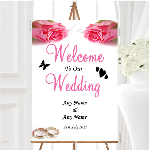 Gorgeous Pink Rose And Rings Personalised Any Wording Welcome Wedding Sign