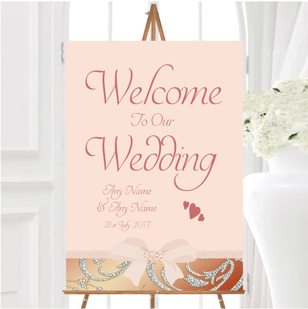 Pale Pink Coral Diamante Bow Personalised Any Wording Welcome Wedding Sign