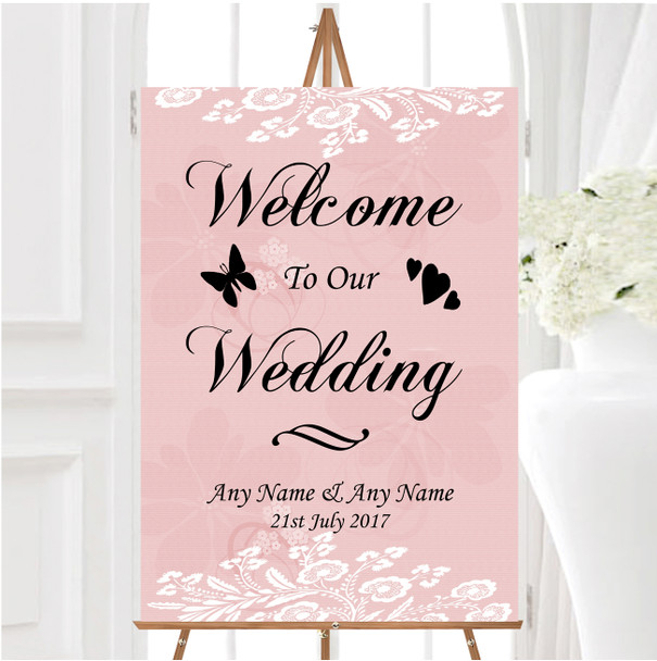 Vintage Lace Coral Pink Chic Personalised Any Wording Welcome Wedding Sign