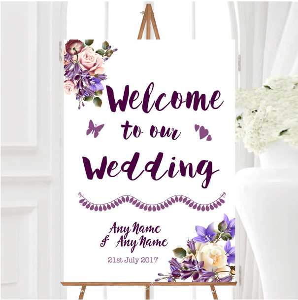 White Lilac Blush Pink Watercolour Rose Personalised Welcome Wedding Sign