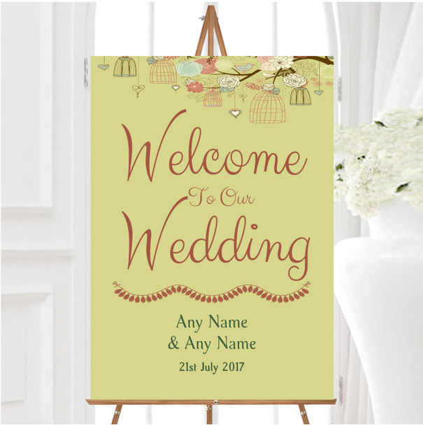 Vintage Shabby Chic Birdcage Gold Green Personalised Welcome Wedding Sign