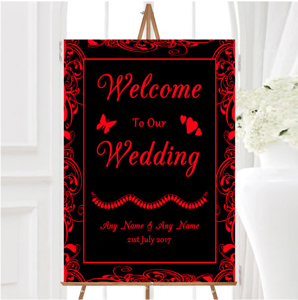 Black Red Swirl Deco Personalised Any Wording Welcome To Our Wedding Sign