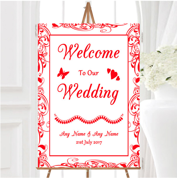 White Red Swirl Deco Personalised Any Wording Welcome To Our Wedding Sign