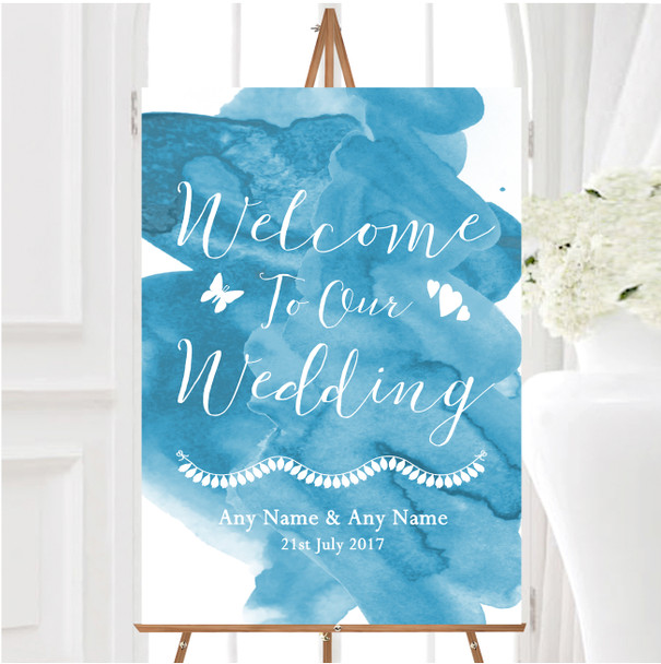 Sea Blue Watercolour Personalised Any Wording Welcome To Our Wedding Sign