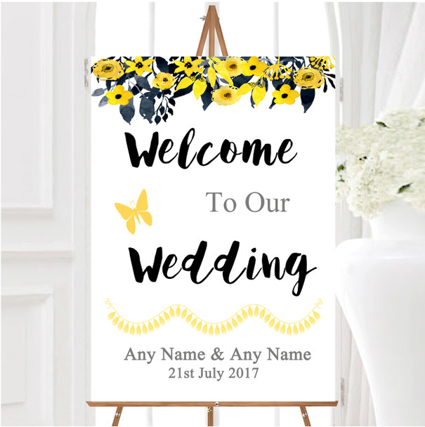 Watercolour Black Yellow Floral Header Personalised Welcome Wedding Sign