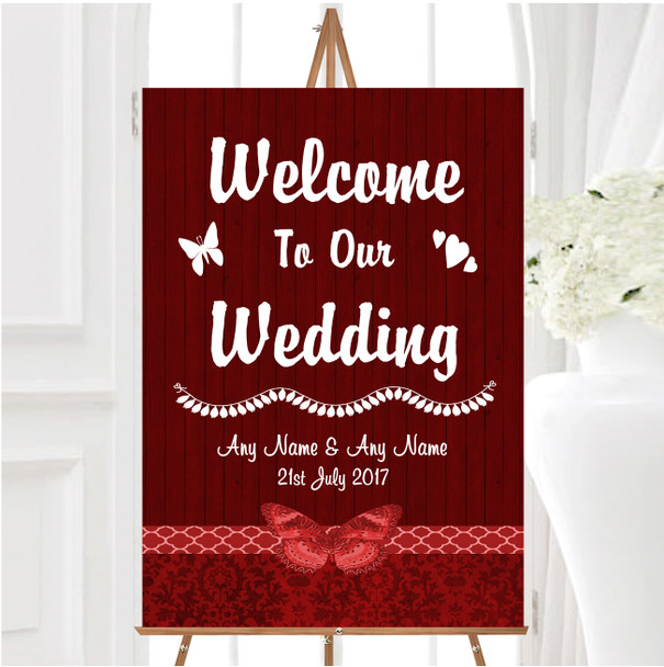 Rustic Vintage Wood Butterfly Deep Red Personalised Welcome Wedding Sign