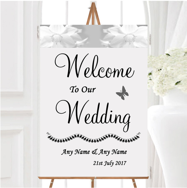 Grey White Daffodil Personalised Any Wording Welcome To Our Wedding Sign