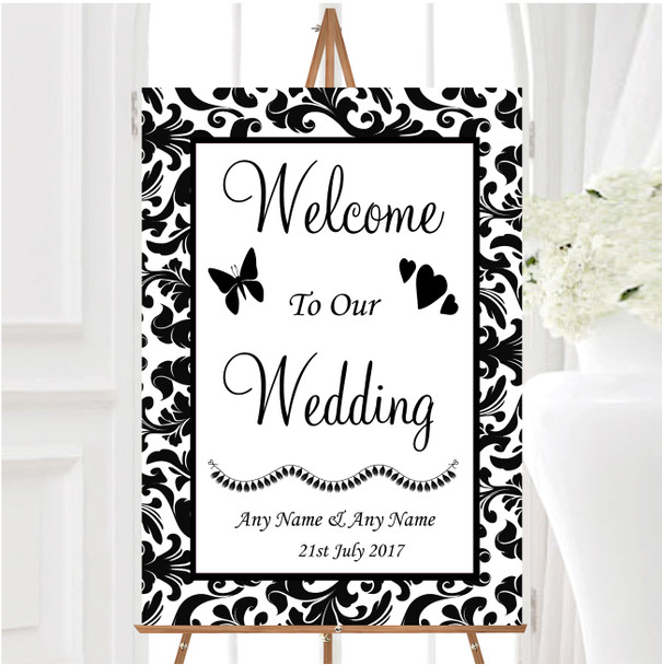 Black White Damask Personalised Any Wording Welcome To Our Wedding Sign