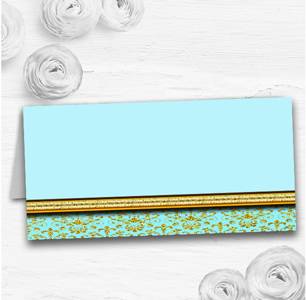 Aqua Sky Blue & Gold Vintage Damask Wedding Table Seating Name Place Cards