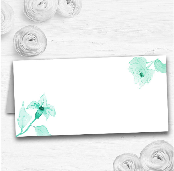 Beautiful Aqua Mint Green Watercolour Flowers Wedding Table Seating Name Place Cards