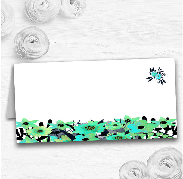 Black & Aqua Mint Green Watercolour Flowers Wedding Table Seating Name Place Cards