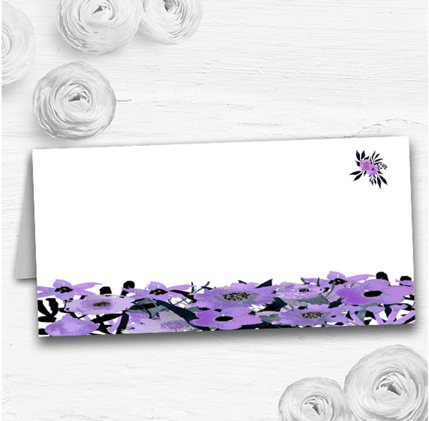 Black & Purple Watercolour Flowers Wedding Table Seating Name Place Cards