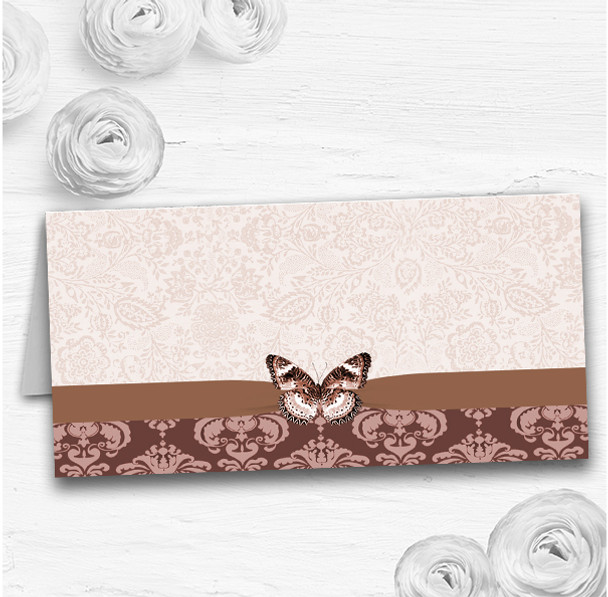 Brown Fawn Beige Vintage Floral Damask Butterfly Wedding Table Seating Name Place Cards