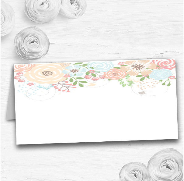 Coral Peach and Blue Watercolour Floral Header Wedding Table Seating Name Place Cards