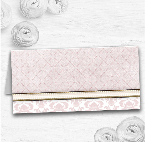 Dusky Rose Pink Damask Vintage Pearl Wedding Table Seating Name Place Cards