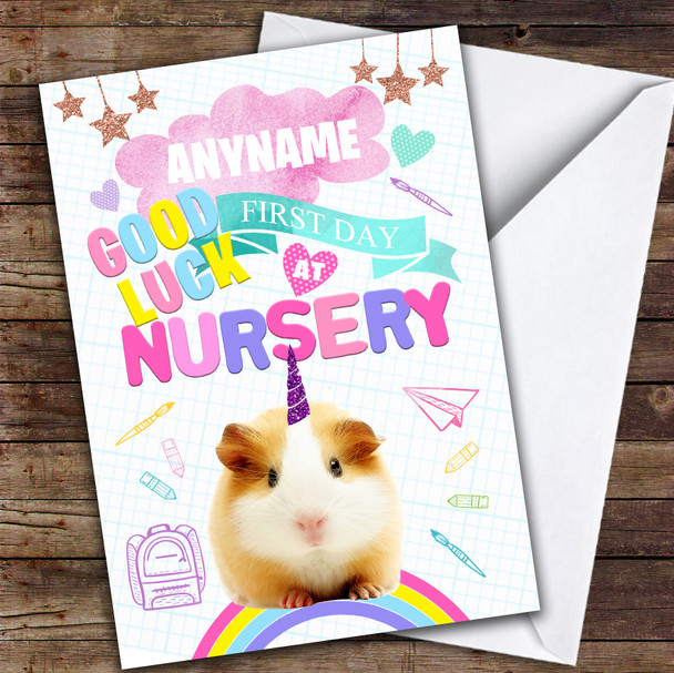 Cute Unicorn Hamster First Day At Nursery Personalised Good Luck Card