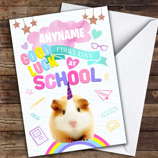 Cute Unicorn Hamster First Day At School Personalised Good Luck Card