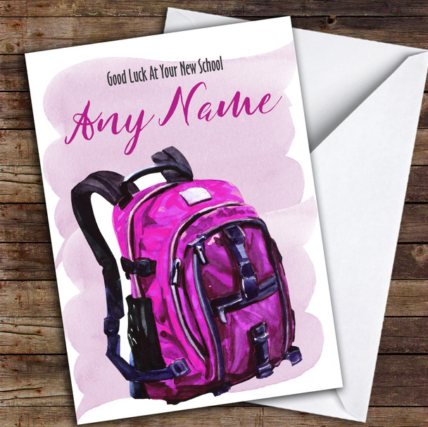 Watercolour Pink Backpack At New School Personalised Good Luck Card