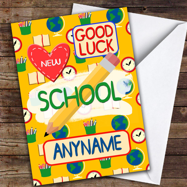 Classic School Love Heart New School Personalised Good Luck Card
