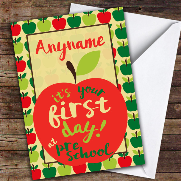 Starting Pre School Apple Funky Text Personalised Good Luck Card