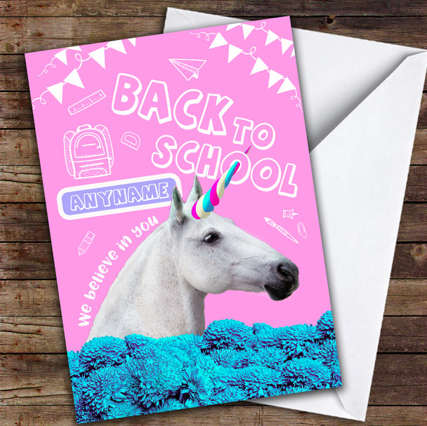 Crazy Horse Unicorn Back To School Personalised Good Luck Card