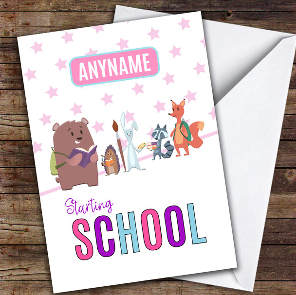 Starting School Pink Stars Animals Personalised Good Luck Card