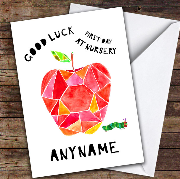 Funky Apple First Day At Nursery Personalised Good Luck Card