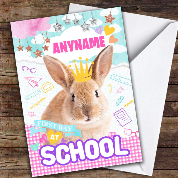 Cute Bunny First Day At School Personalised Good Luck Card