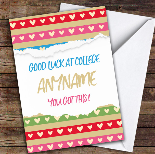 Pattern Ripped Style College Personalised Good Luck Card