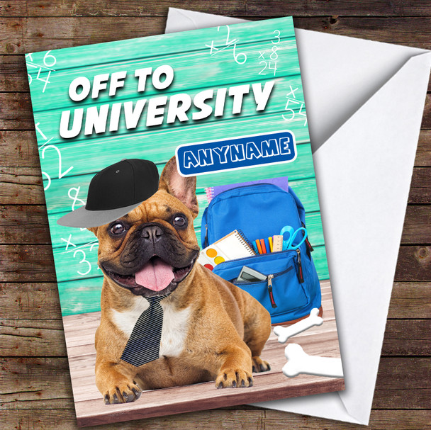 Funny Pug Off To University Personalised Good Luck Card