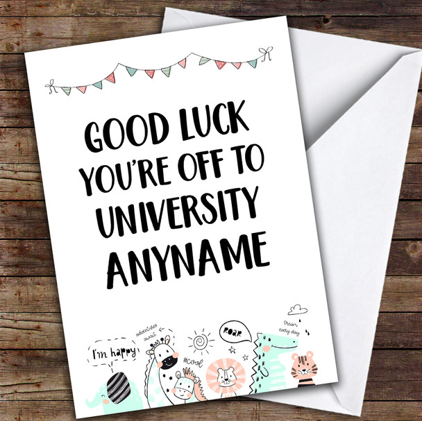 Zoo Animals University Personalised Good Luck Card