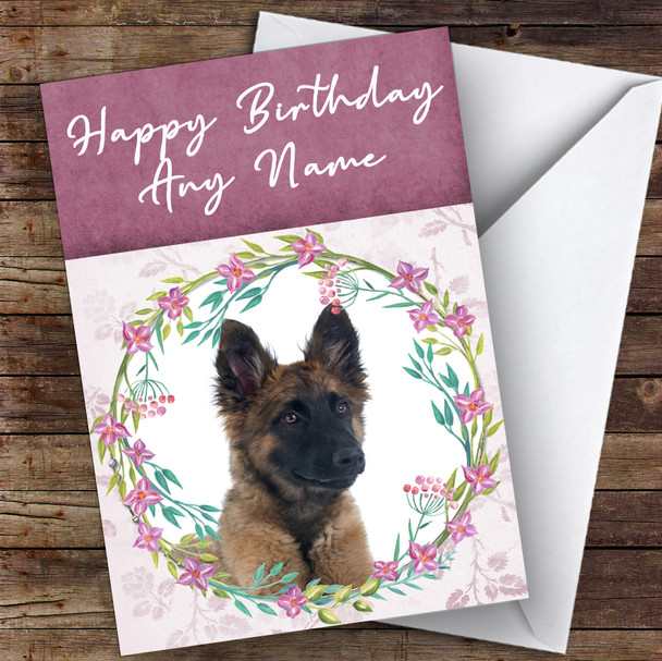 Belgian Shepherd Tervuren Dog Pink Floral Animal Personalised Birthday Card