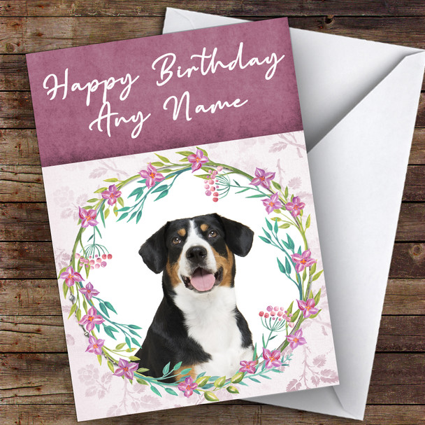 Entlebucher Mountain Dog Pink Floral Animal Personalised Birthday Card