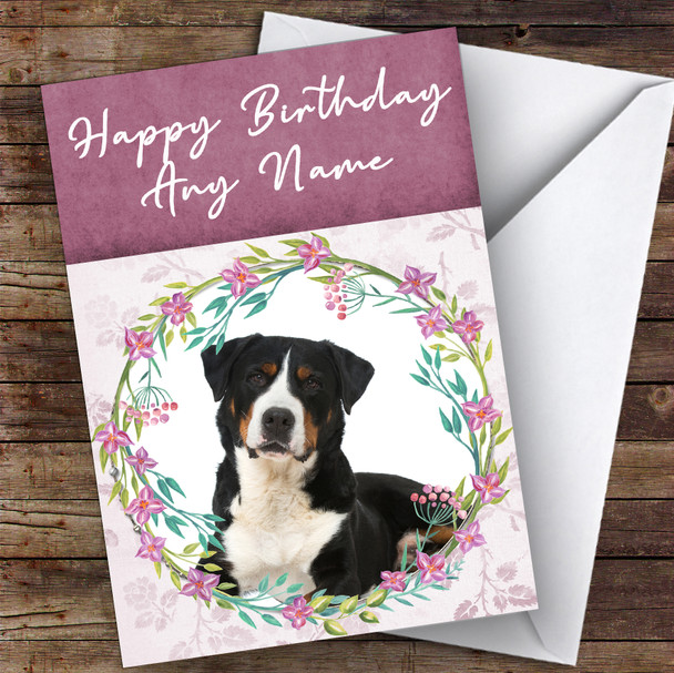 Great Swiss Mountain Dog Pink Floral Animal Personalised Birthday Card