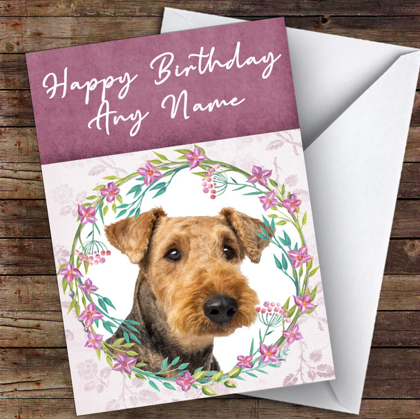Airedale Terrier Dog Pink Floral Animal Personalised Birthday Card