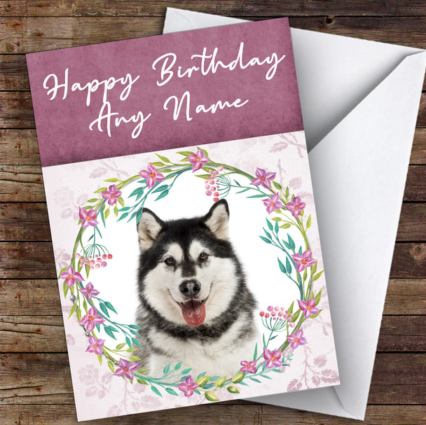 Alaskan Malamute Dog Pink Floral Animal Personalised Birthday Card