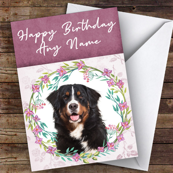 Bernese Mountain Dog Pink Floral Animal Personalised Birthday Card