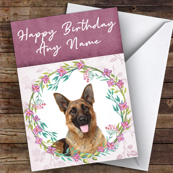 German Shepherd Dog Pink Floral Animal Personalised Birthday Card