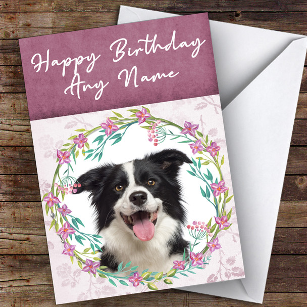 Border Collie Dog Pink Floral Animal Personalised Birthday Card