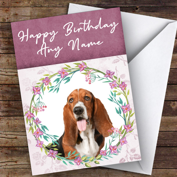 Basset Hound Dog Pink Floral Animal Personalised Birthday Card