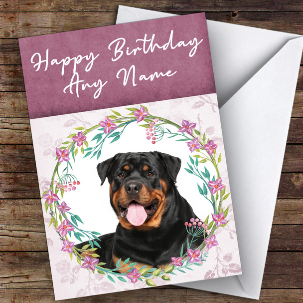 Rottweiler Dog Pink Floral Animal Personalised Birthday Card