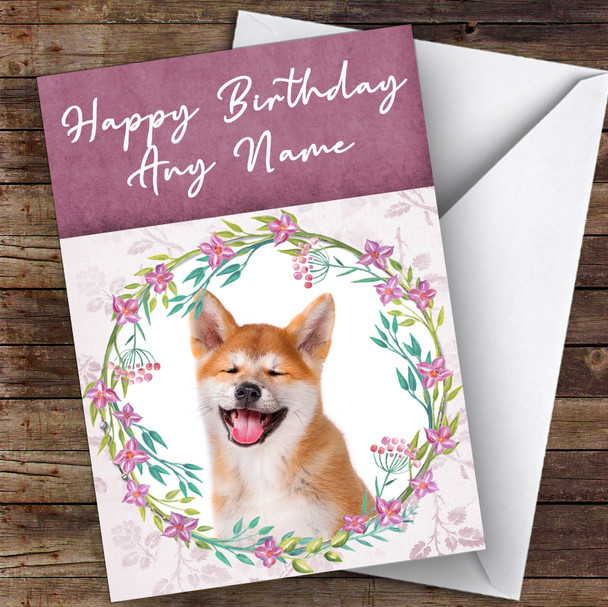 Akita Inu Dog Pink Floral Animal Personalised Birthday Card