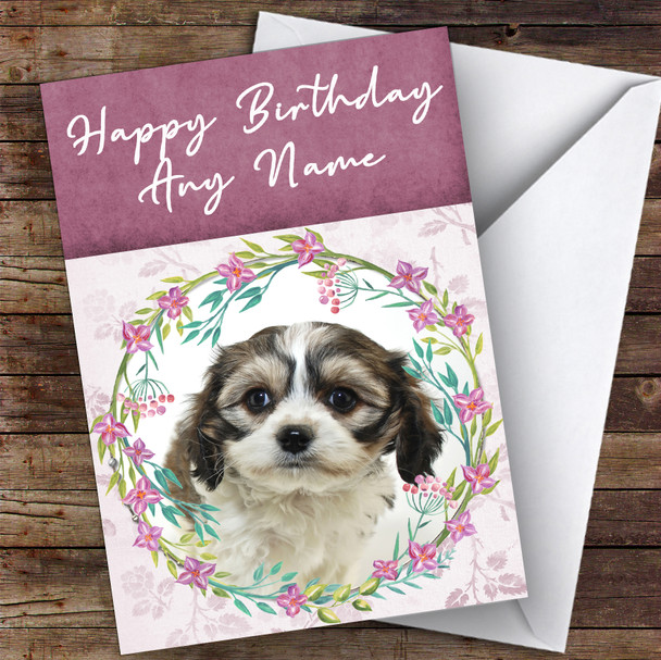 Cavachon Dog Pink Floral Animal Personalised Birthday Card