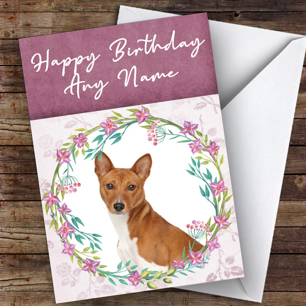 Basenji Dog Pink Floral Animal Personalised Birthday Card