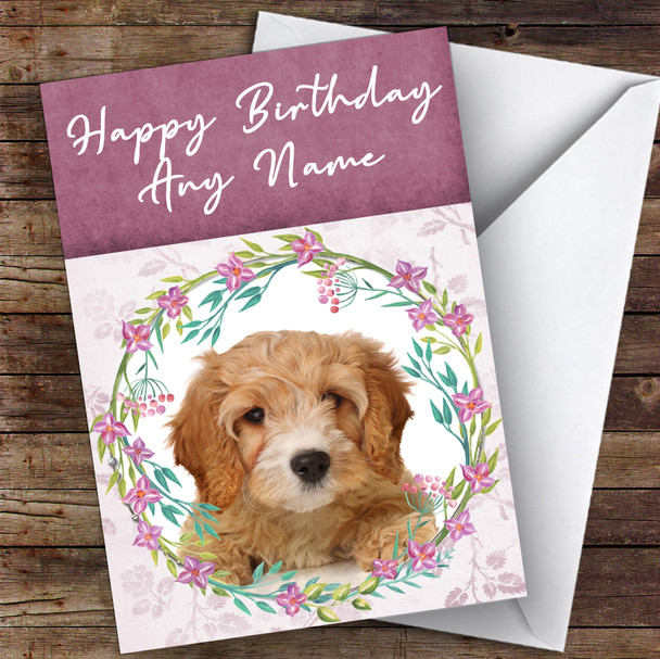 Cavapoo Dog Pink Floral Animal Personalised Birthday Card