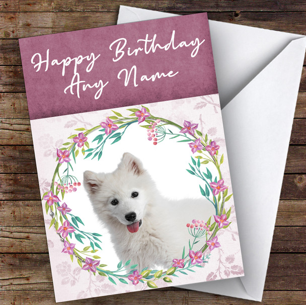 Samoyed Dog Pink Floral Animal Personalised Birthday Card