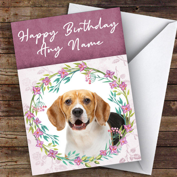 Beagle Dog Pink Floral Animal Personalised Birthday Card