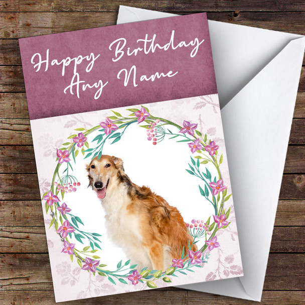 Borzoi Dog Pink Floral Animal Personalised Birthday Card