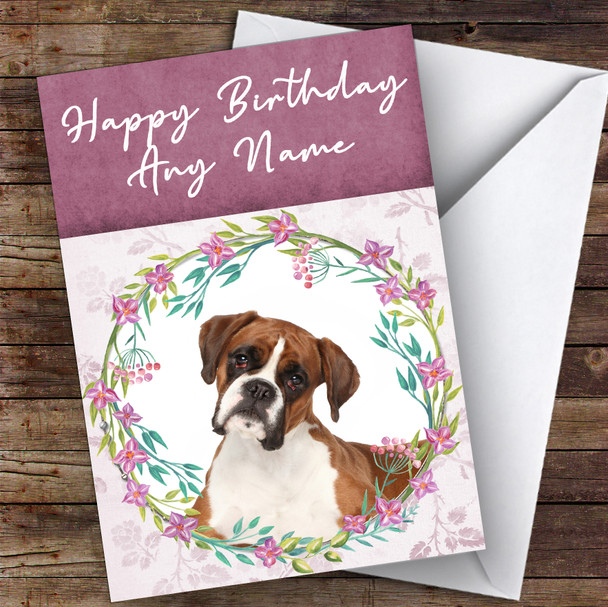 Boxer Dog Pink Floral Animal Personalised Birthday Card